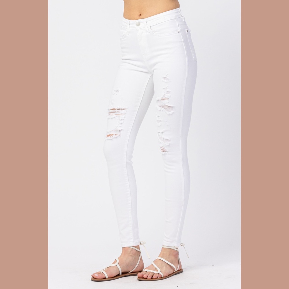 JUDY BLUE | Mid-Rise White Destroyed Skinny Jeans - Style #82280 NWT - Picture 4 of 7